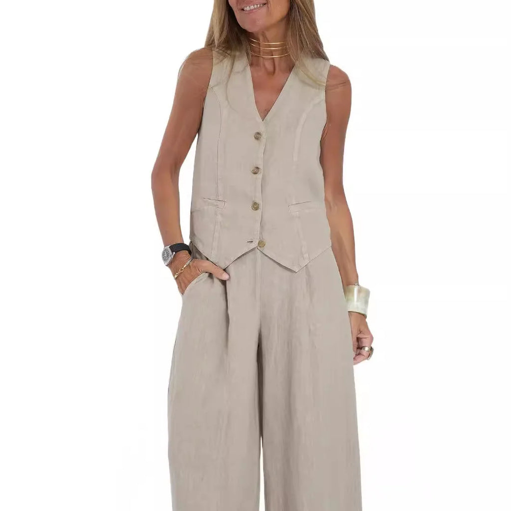 Ensemble deux pièces débardeur et pantalon en coton et lin pour femmes