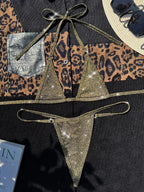 Maillot de bain deux pièces en cuir PU brillant pour femmes