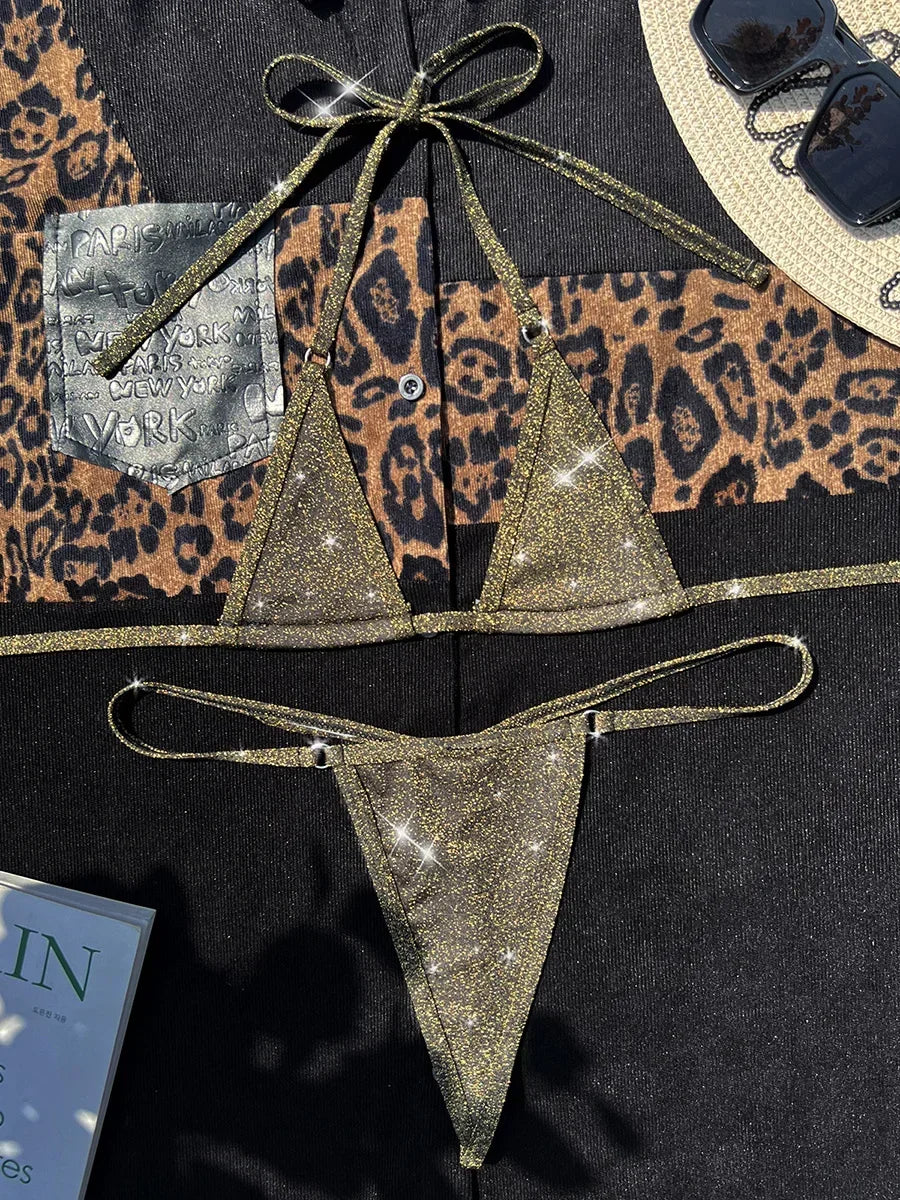 Maillot de bain deux pièces en cuir PU brillant pour femmes