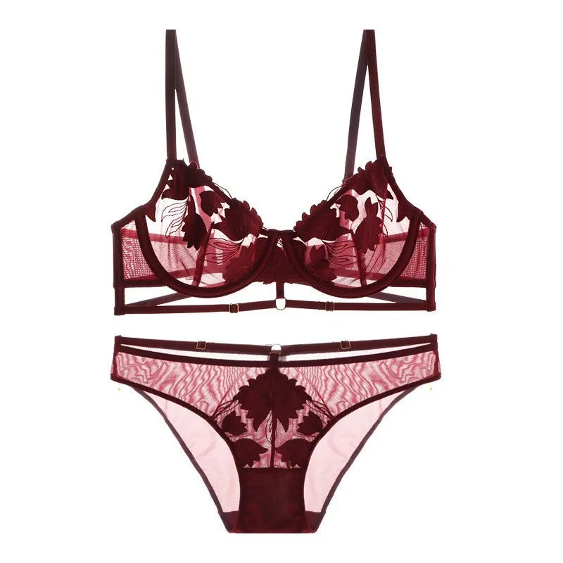 Ensemble soutien-gorge et culotte transparents en dentelle brodée pour femmes
