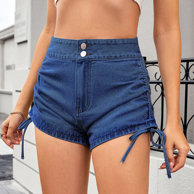 Short en jean taille haute avec cordon de serrage latéral pour femmes