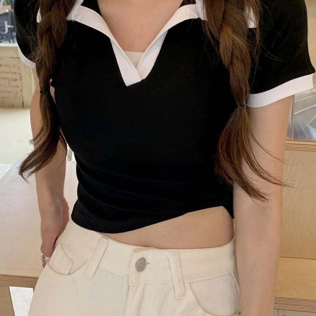 T-shirt polo à manches courtes en coton pur pour femmes