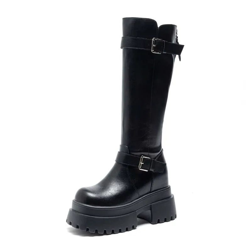 Bottes hautes en cuir véritable à fermeture éclair pour femmes