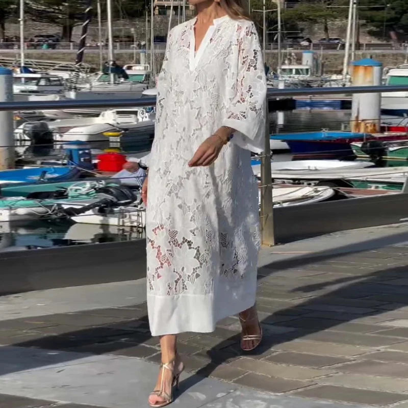Robe longue en dentelle Jacquard brodée blanche au Crochet pour femmes
