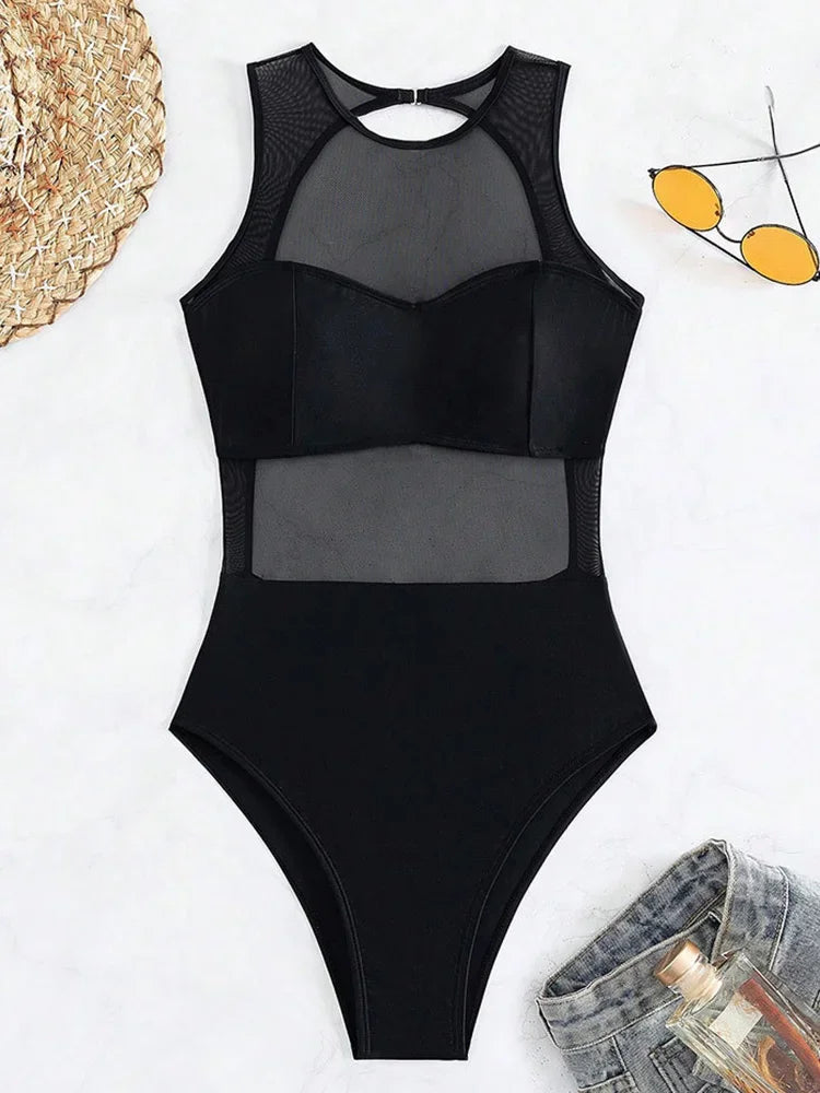 Maillot de bain une pièce transparent en maille noire, sexy, pour femmes