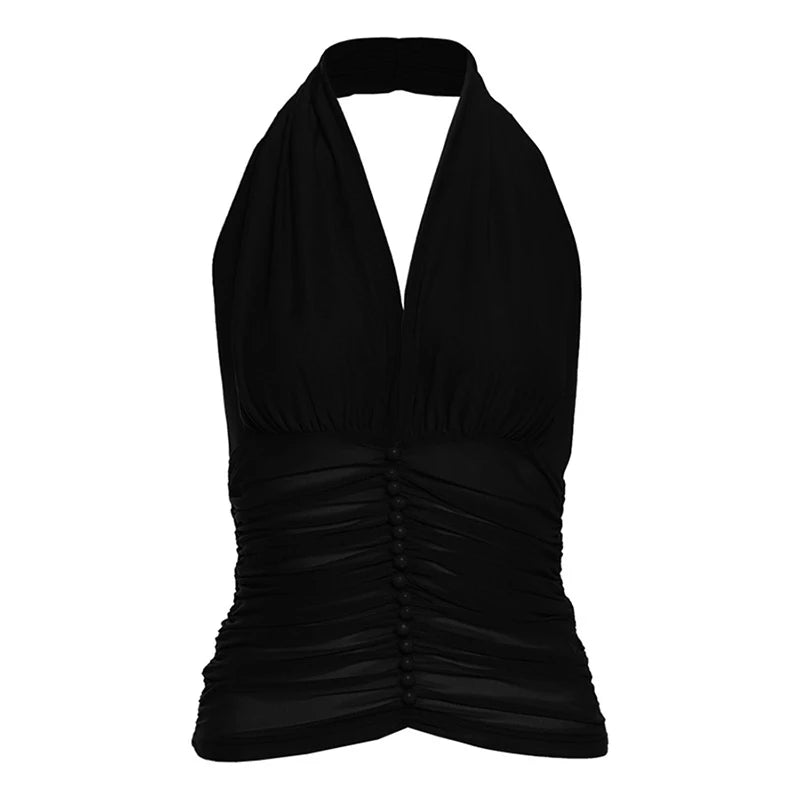Débardeur Court Femme – Maille Patchwork, Col Licou et Perles
