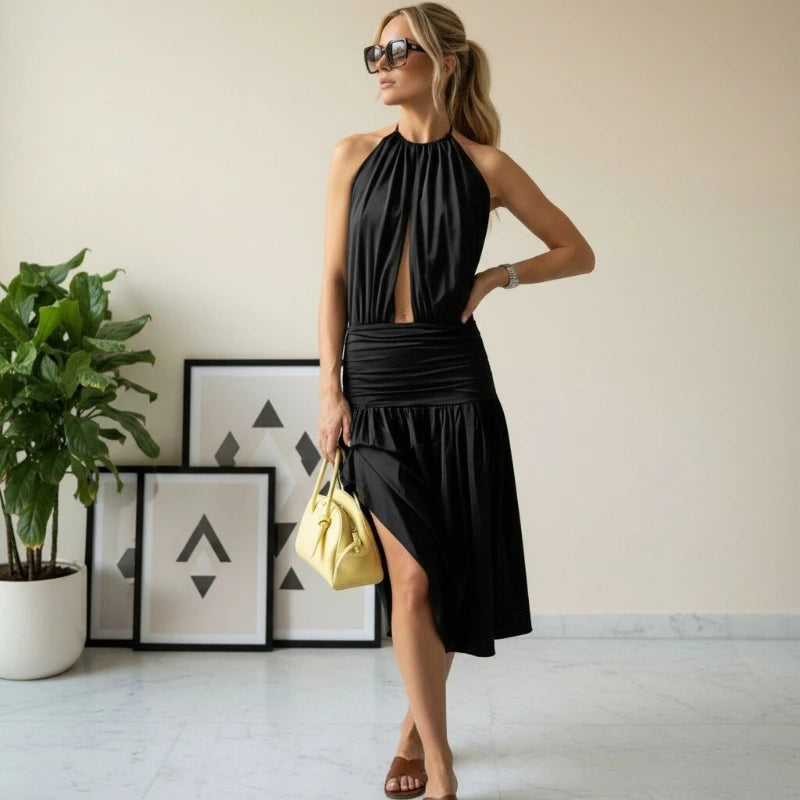Robe longue dos nu sexy à col en V pour femmes