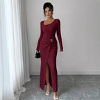 Robe longue en tricot texturé à col irrégulier pour femmes