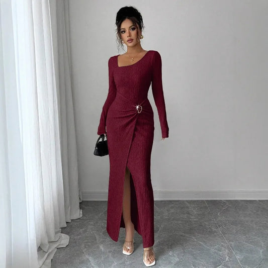 Robe Longue Femme en Maille Texturée – Col Asymétrique