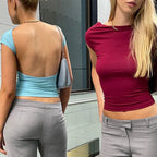 T-shirt à manches courtes dos nu pour femmes