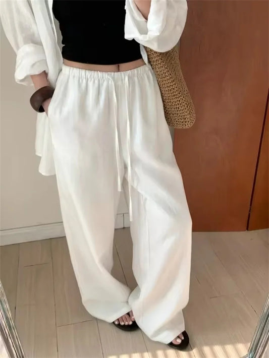 Pantalon d’Été Femme – Lin Blanc et Coupe Ample