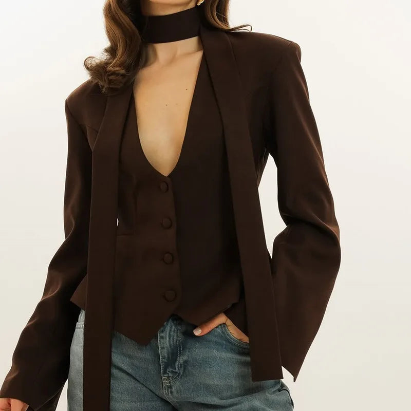 Ensemble veste et tailleur à lacets et col en V pour femmes