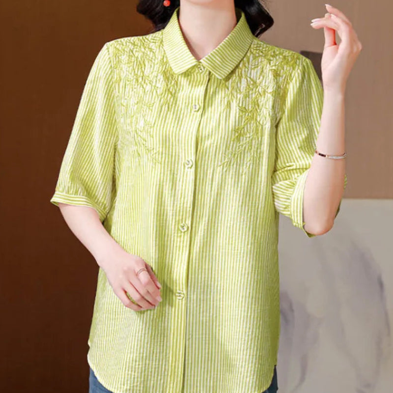 Chemise brodée en coton et lin à col polo pour femmes