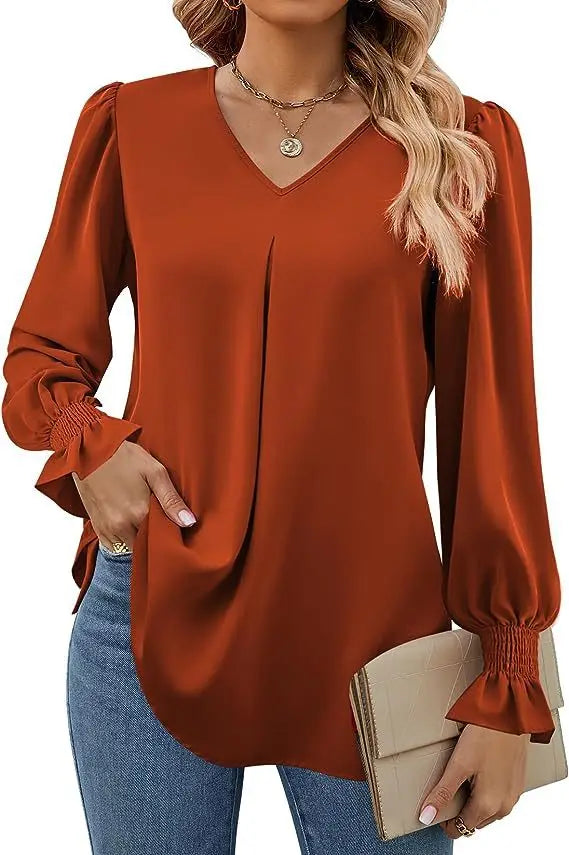 Pull-over à manches évasées et col en V pour femmes