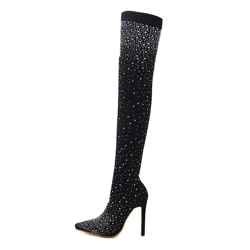 Botte à talons hauts en tissu extensible pour femmes
