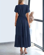Robe longue plissée élégante style français à col en V pour femmes