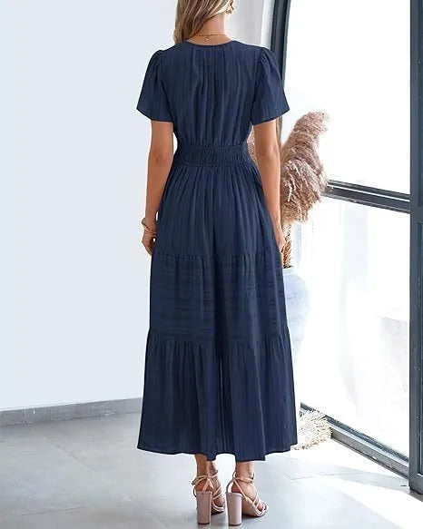 Robe longue plissée élégante style français à col en V pour femmes