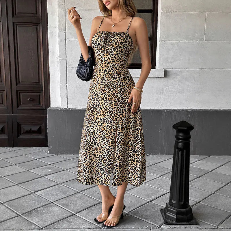 Robe rétro imprimé léopard à lacets pour femmes