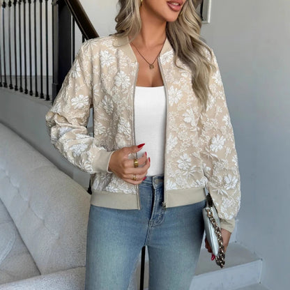 Veste Courte Jacquard Femme – Zip et Motif Floral
