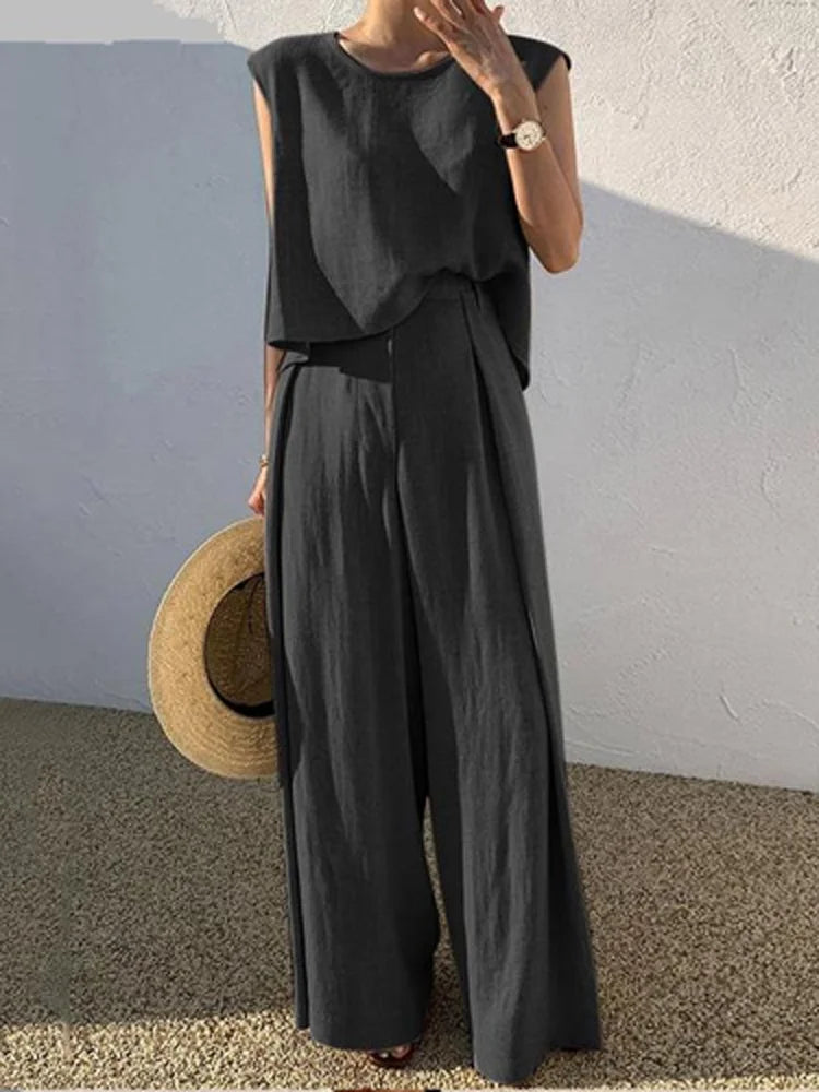 Ensemble deux pièces haut ample à col rond et pantalon à jambes larges pour femmes