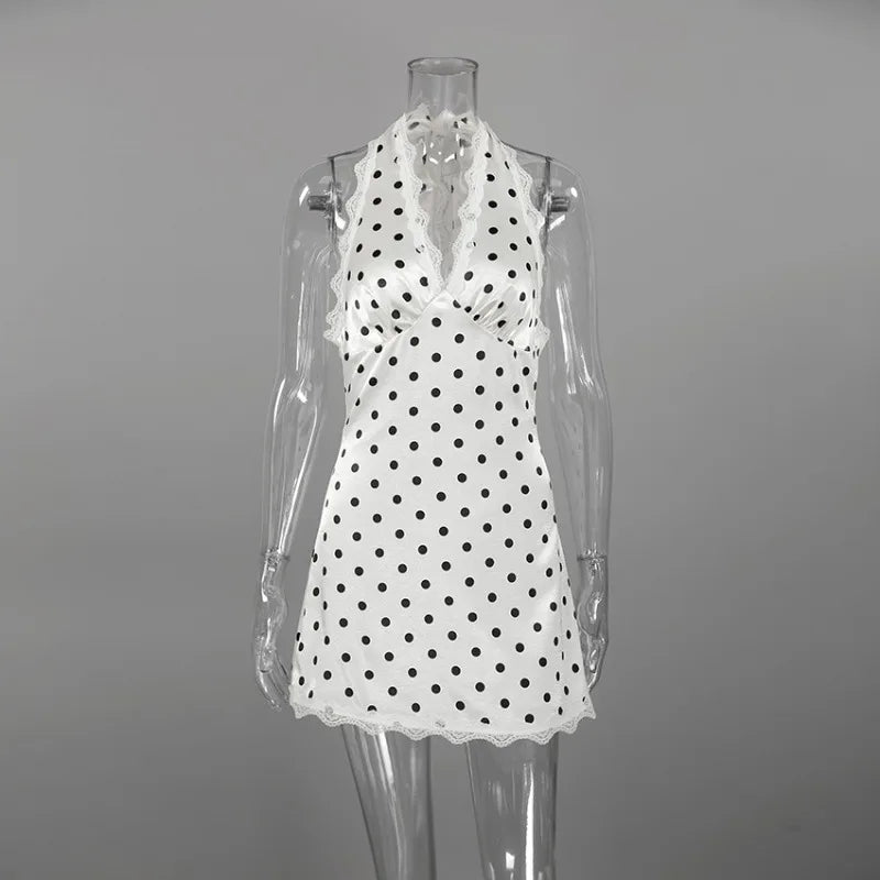 Robe mini dos nu à pois col en V lacé pour femmes