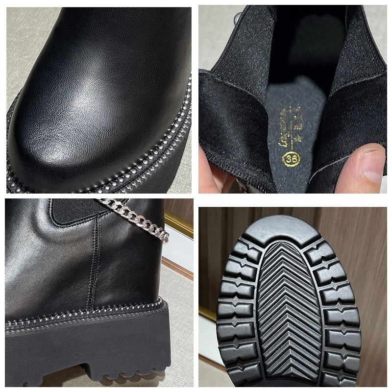 Bottine compensées en cuir véritable pour femmes