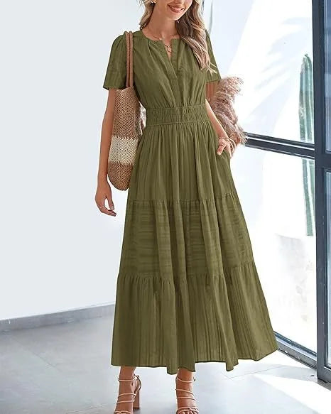 Robe longue plissée élégante style français à col en V pour femmes