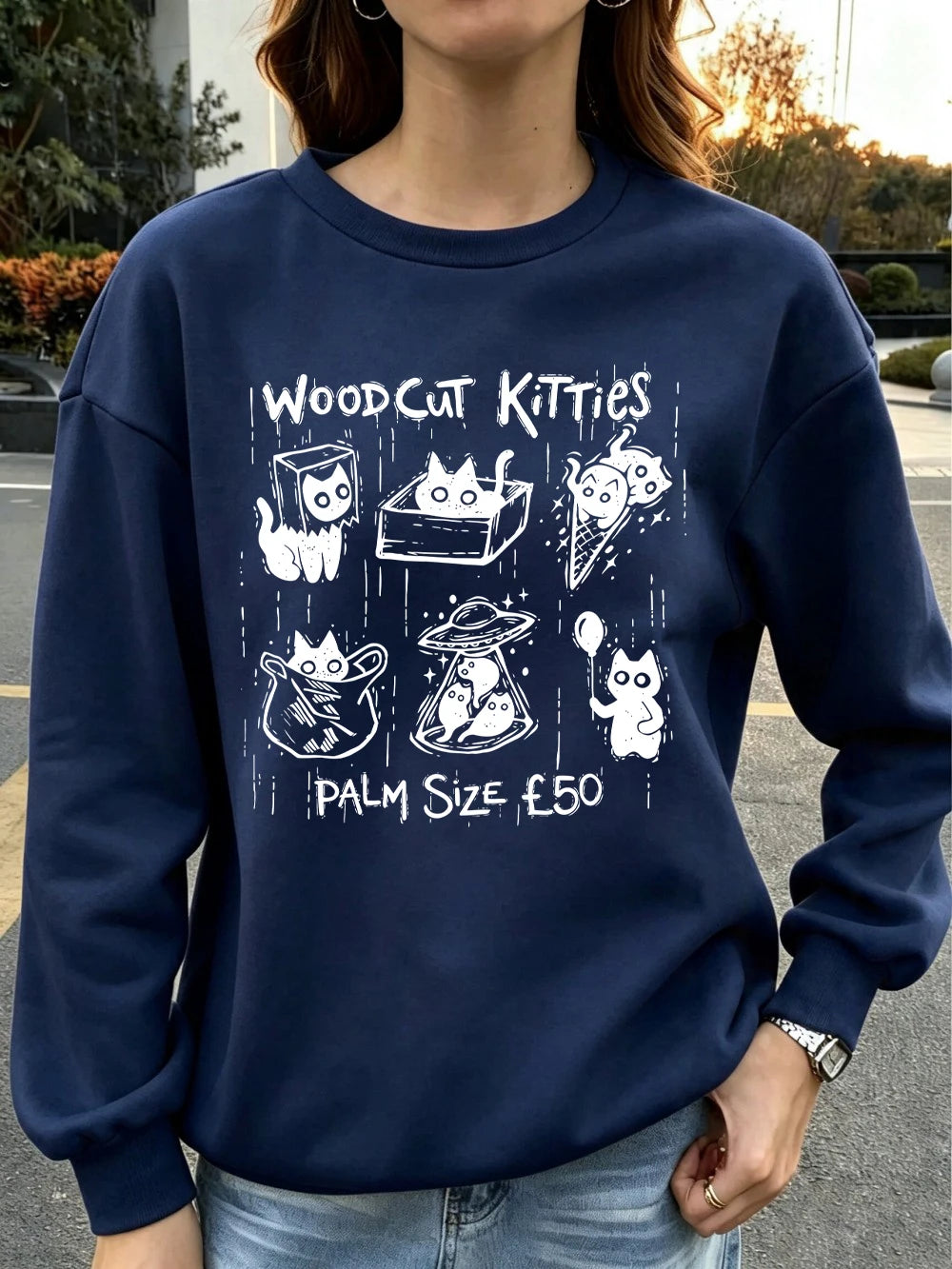 Sweat-shirt à capuche femme à col rond, imprimé chatons de poche pour femmes