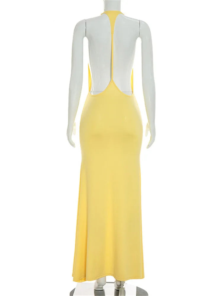 Robe sirène femme jaune à dos nu