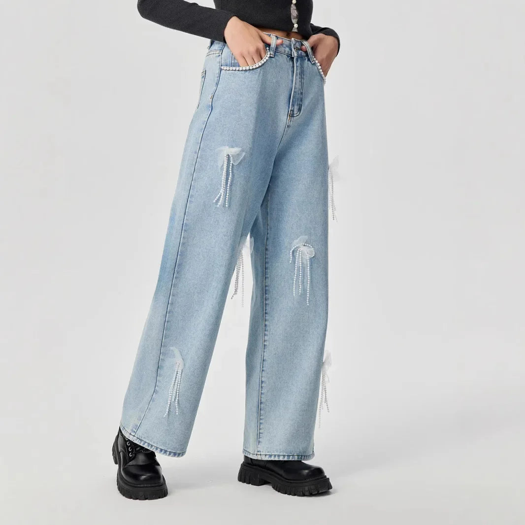 Jean taille haute brodé amincissant à jambe large pour femmes