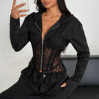 Veste à capuche en dentelle et fermeture éclair pour femmes