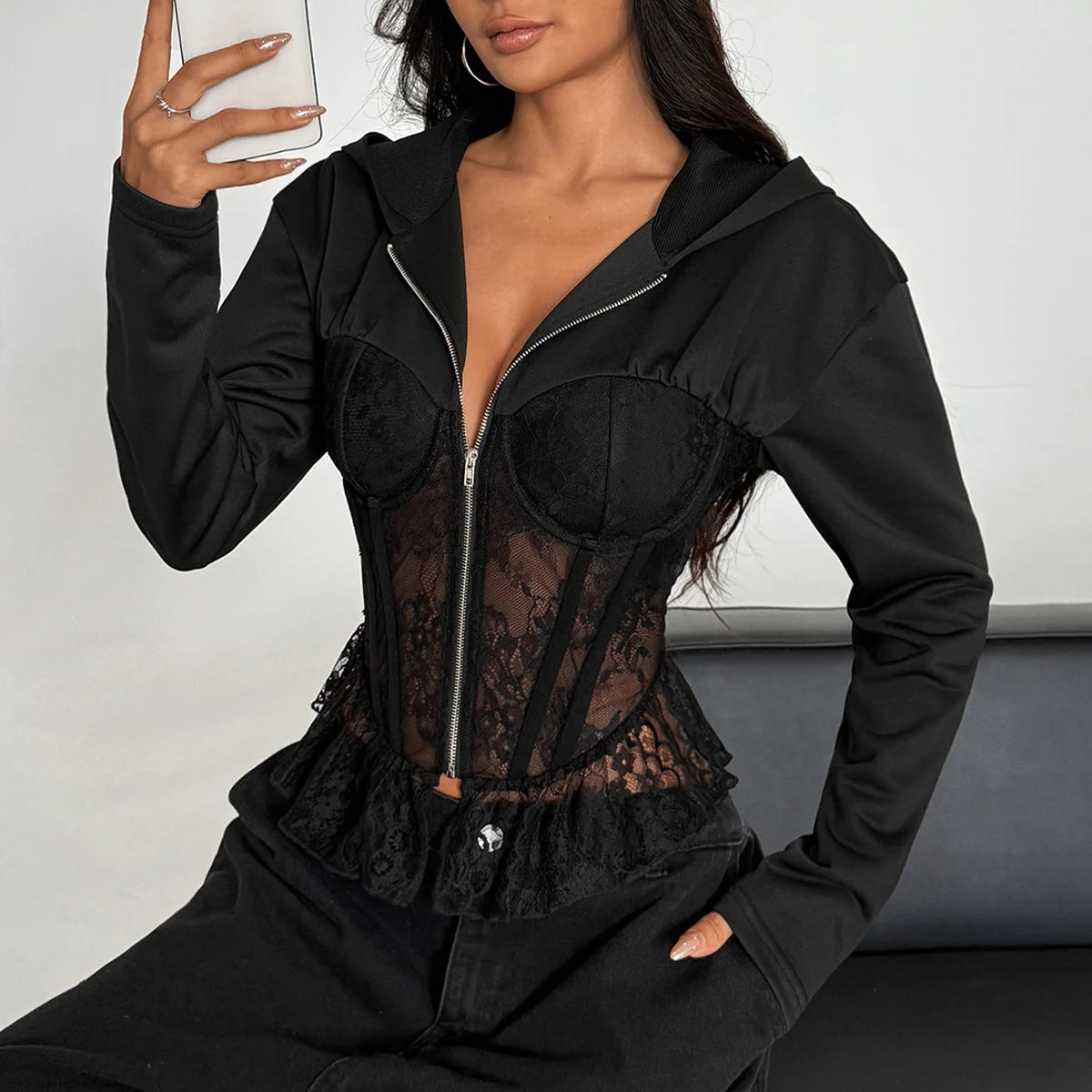 Veste à capuche en dentelle et fermeture éclair pour femmes