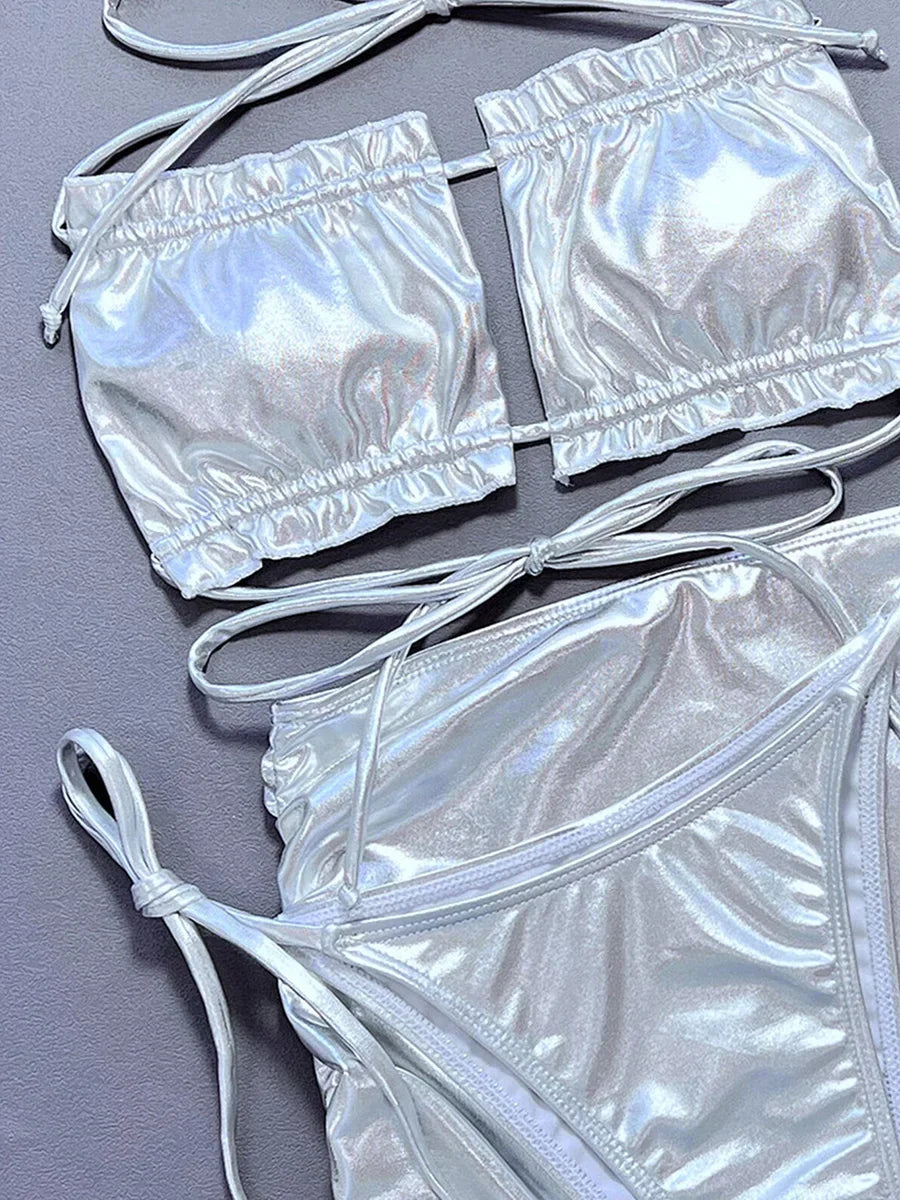 Maillot de bain trois pièces en cuir PU pour femmes