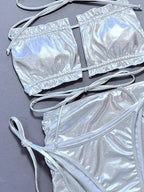 Maillot de bain trois pièces en cuir PU pour femmes