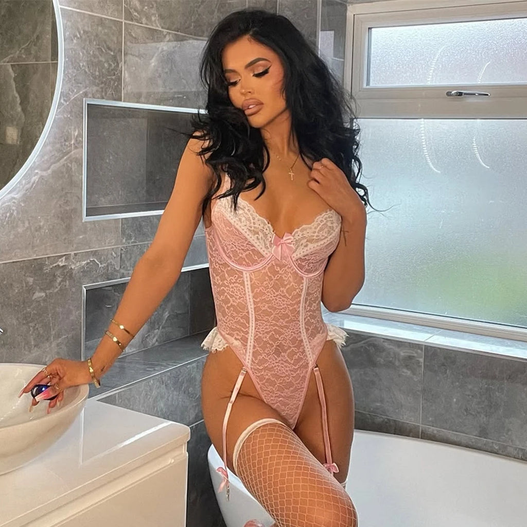 Body rose moulant en dentelle pour femmes