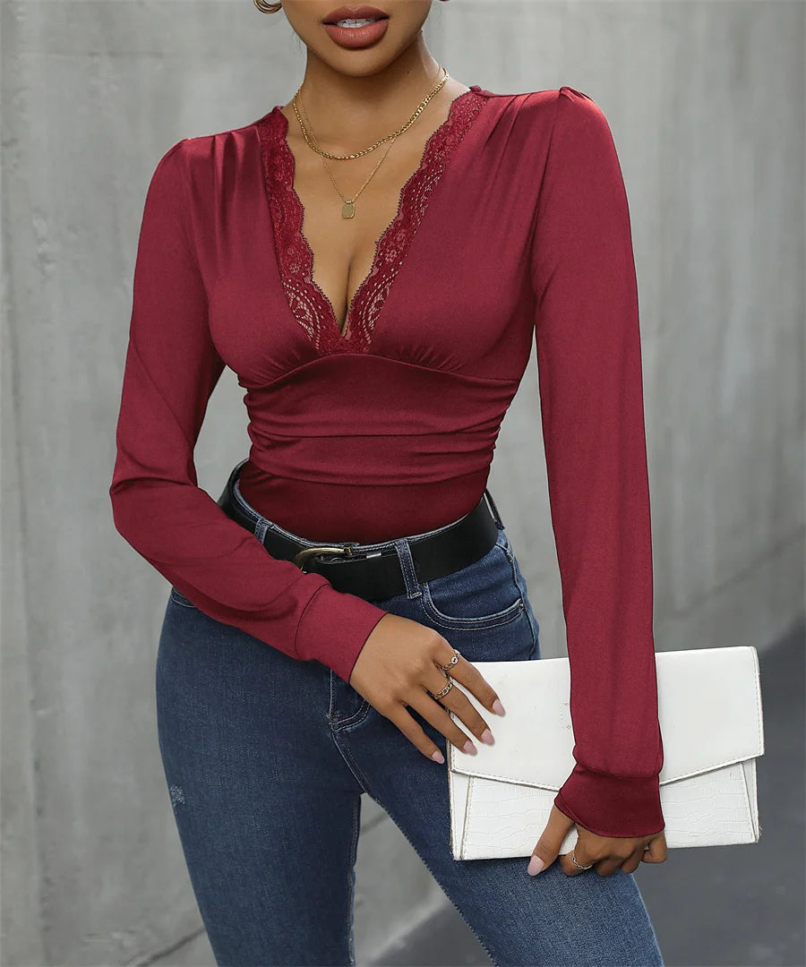 Body sexy en dentelle contrastée à col en V profond pour femmes