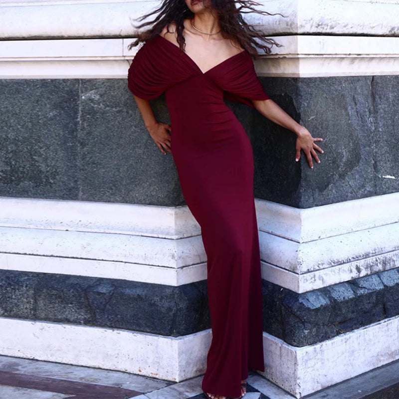 Robe de soirée femme longue à manches plissées et col V