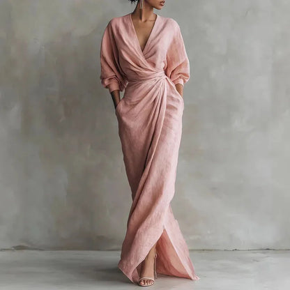 Robe femme longue froncée à col V