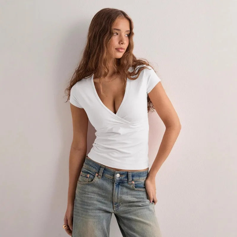 T-Shirt Slim Femme – Col V et Manches Courtes