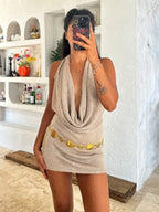 Robe mini sexy en maille à col en V profond, dos nu, en soie brillante pour femmes