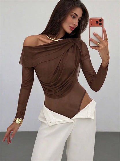 Body asymétrique en maille transparente à une épaule
