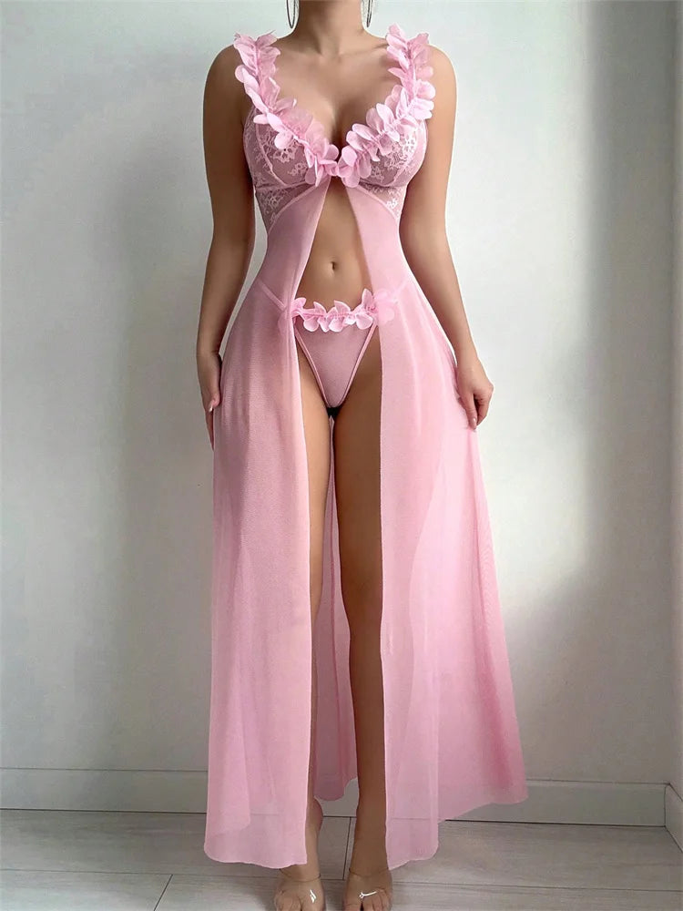 Nuisette Rose Femme – Dentelle Florale et Maille Transparente