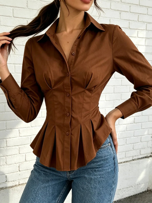 Chemise Ajustée Femme – Manches Longues et Taille Plissée