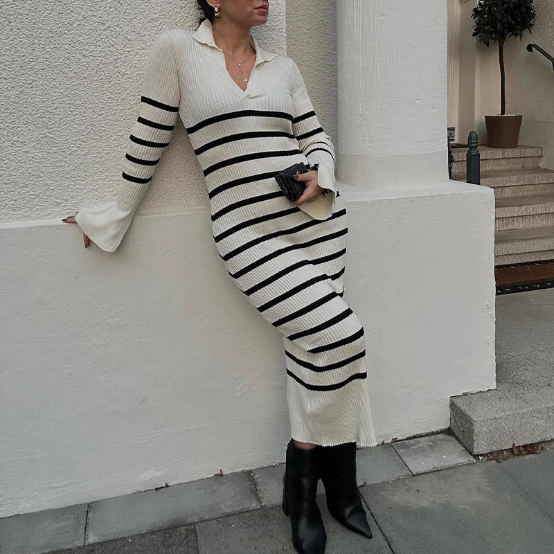 Robe longue femme en maille ajustée à col V et manches longues