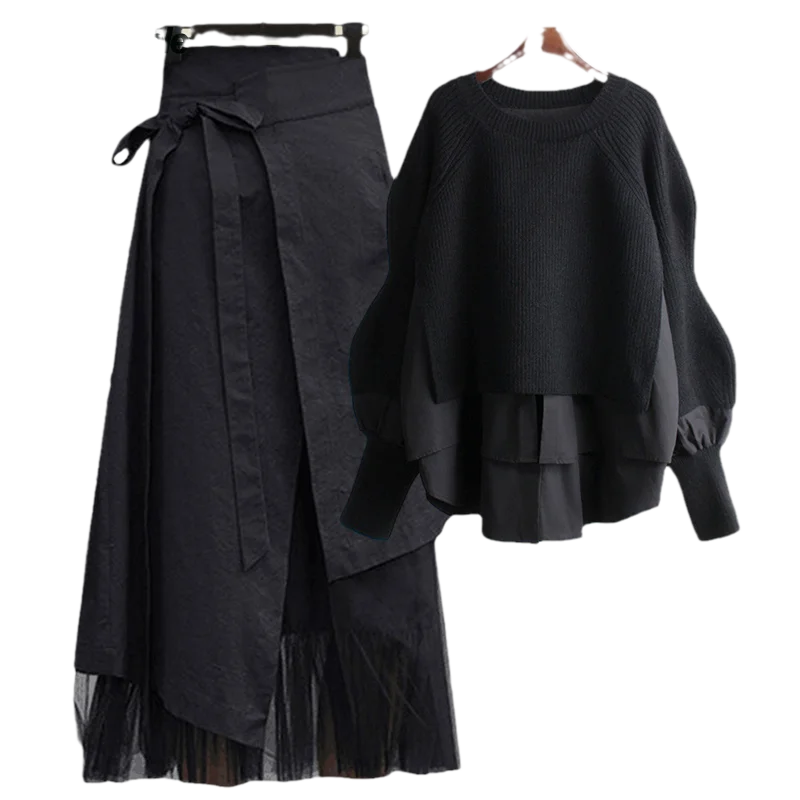 Ensemble deux pièces pull en maille et jupe trapèze à bretelles pour femmes