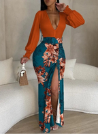 Robe longue imprimée à col en v pour femmes