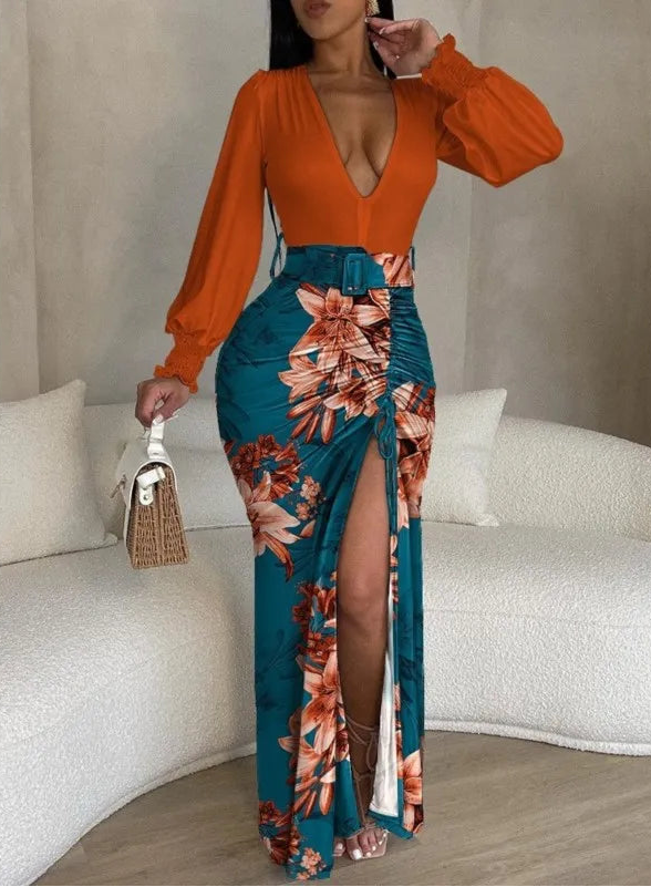 Robe longue imprimée à col en v pour femmes
