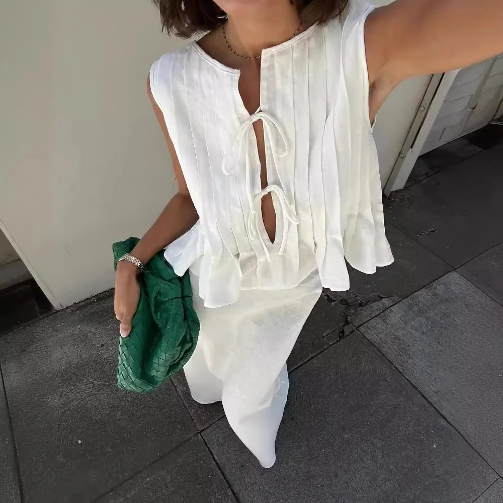 Ensemble deux pièces en coton lin jupe longue et gilet sans manches à lacets pour femmes