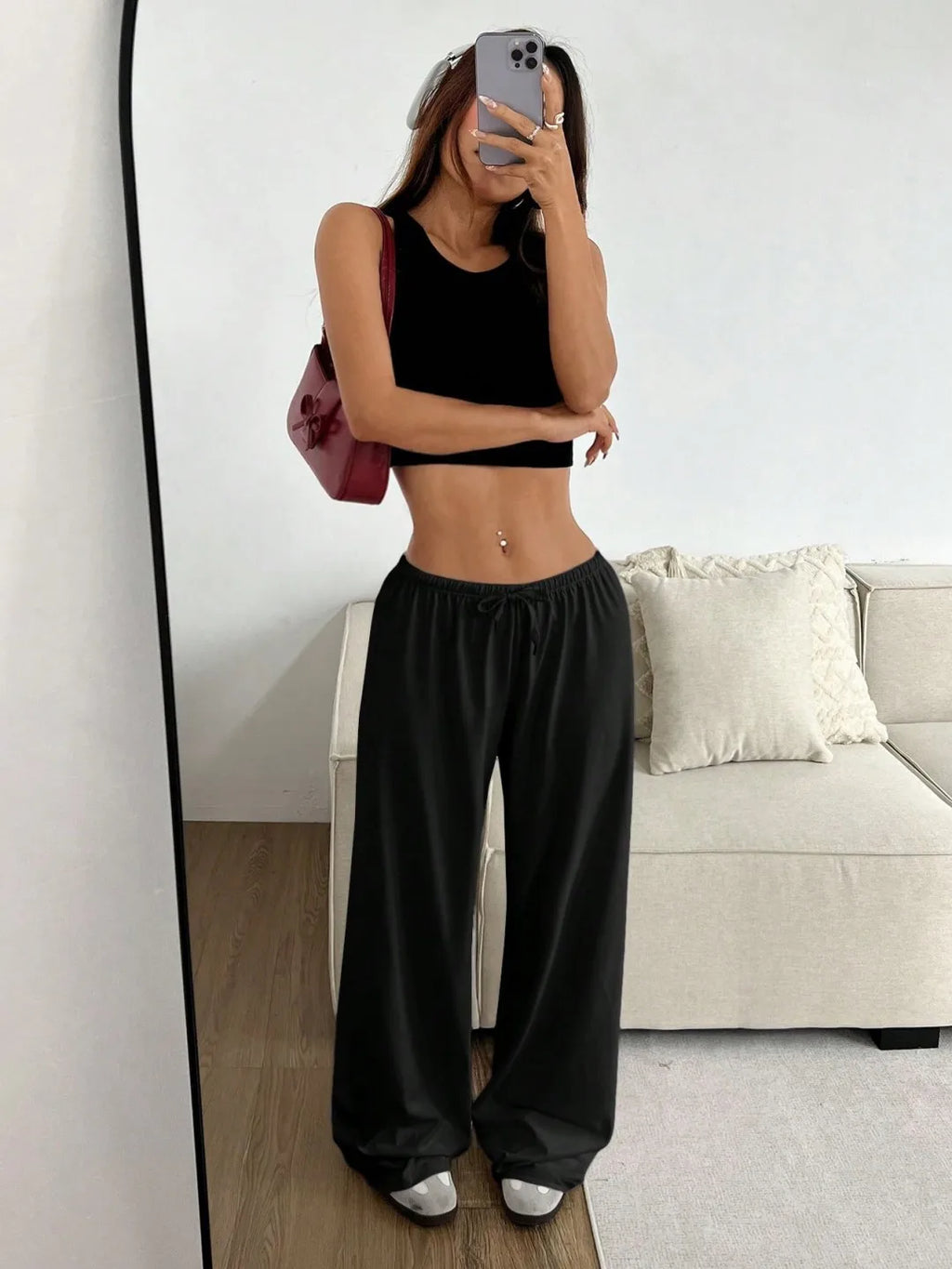 Pantalons décontractés unis à taille élastique et jambes larges pour femmes