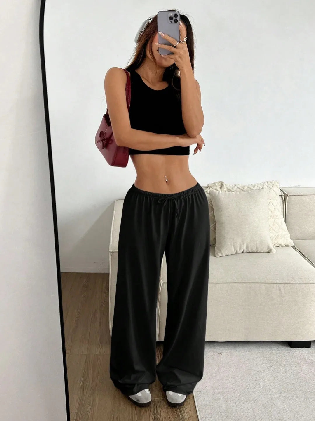 Pantalons décontractés unis à taille élastique et jambes larges pour femmes